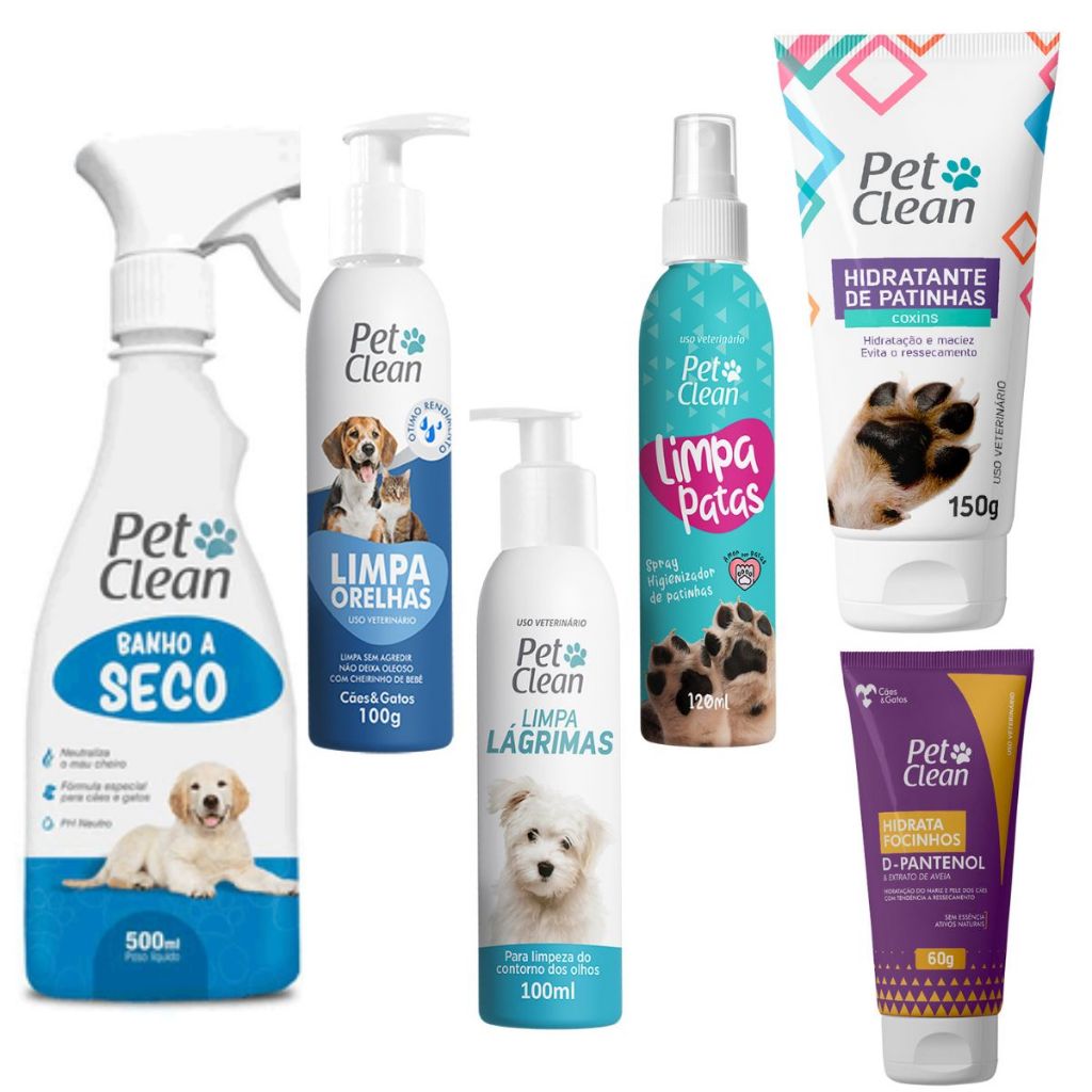 Kit Pet 6 Produtos Limpa Patas Lágrimas Orelhas Banho Seco Hidratante Cães em Oferta na Shopee
