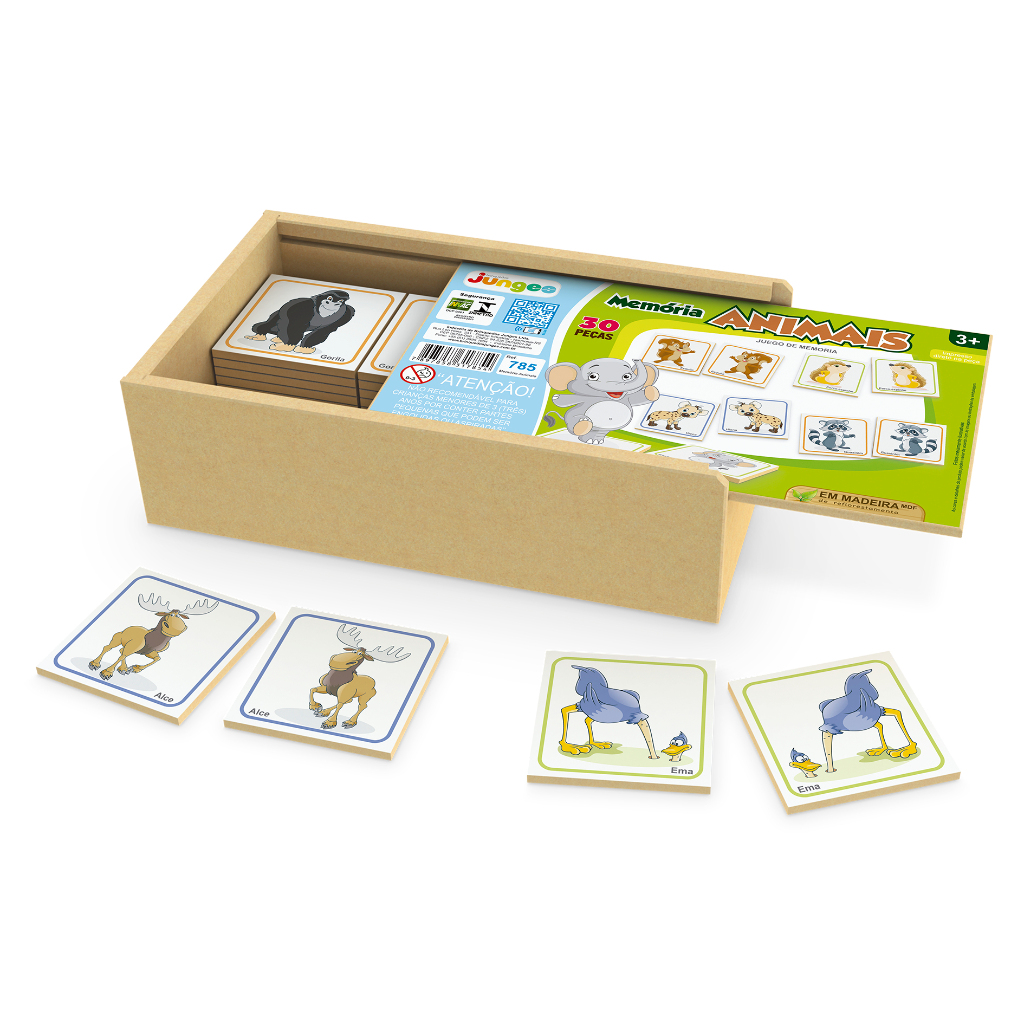 Memória Animais Estojo em Madeira MDF Brinquedo Educativo Jogo Infantil +3 anos Junges 785