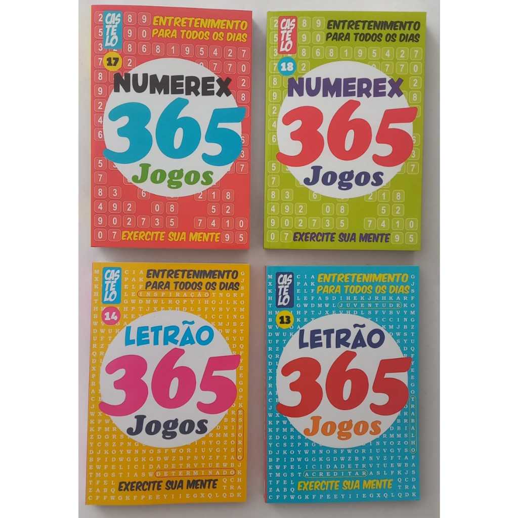 Kit 2 Livros 365 Jogos NUMEREX e 2 Livros 365 Jogos CAÇA LETRÃO passatempo 4 Livros 365 Jogos Numerix e Caça Letrão