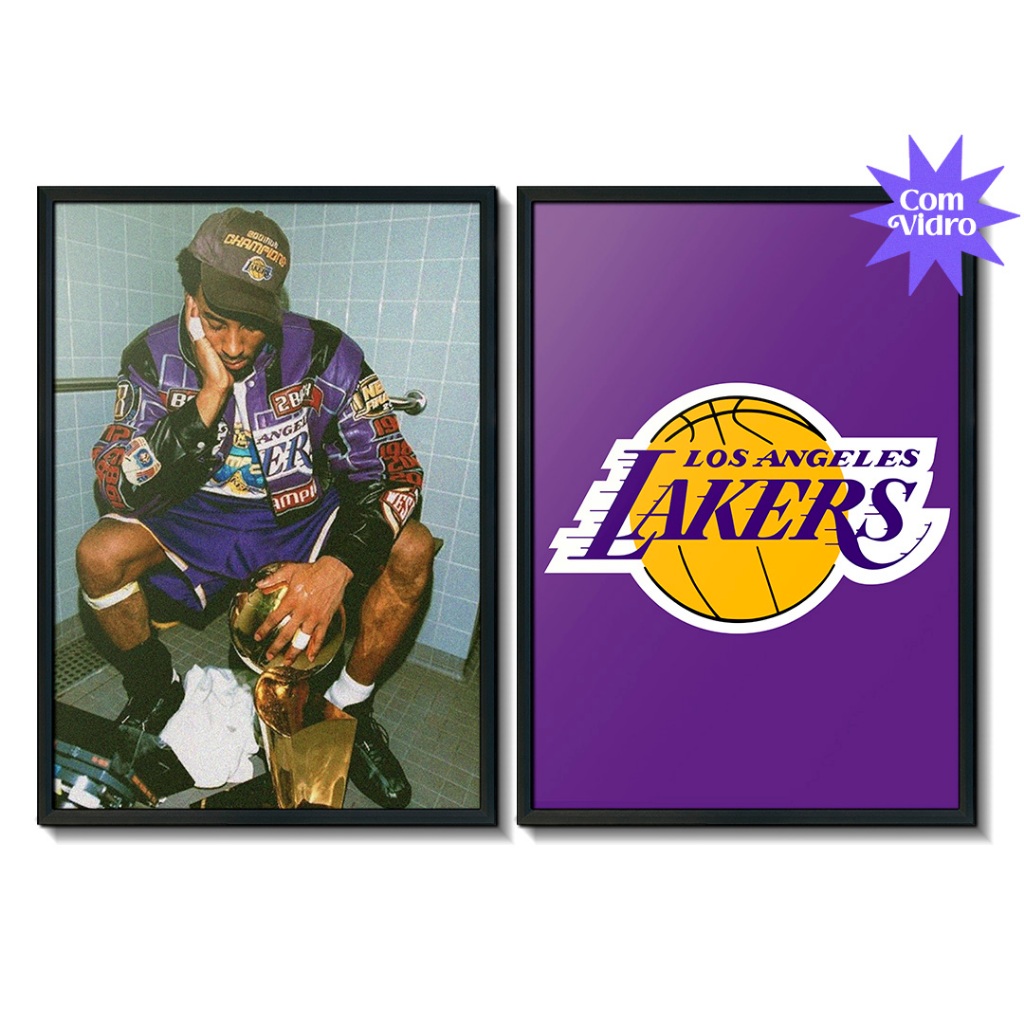 Kit 2 Quadros Decorativos para Quarto Kobe Bryant Basquete Lakers NBA  - com Moldura e Vidro