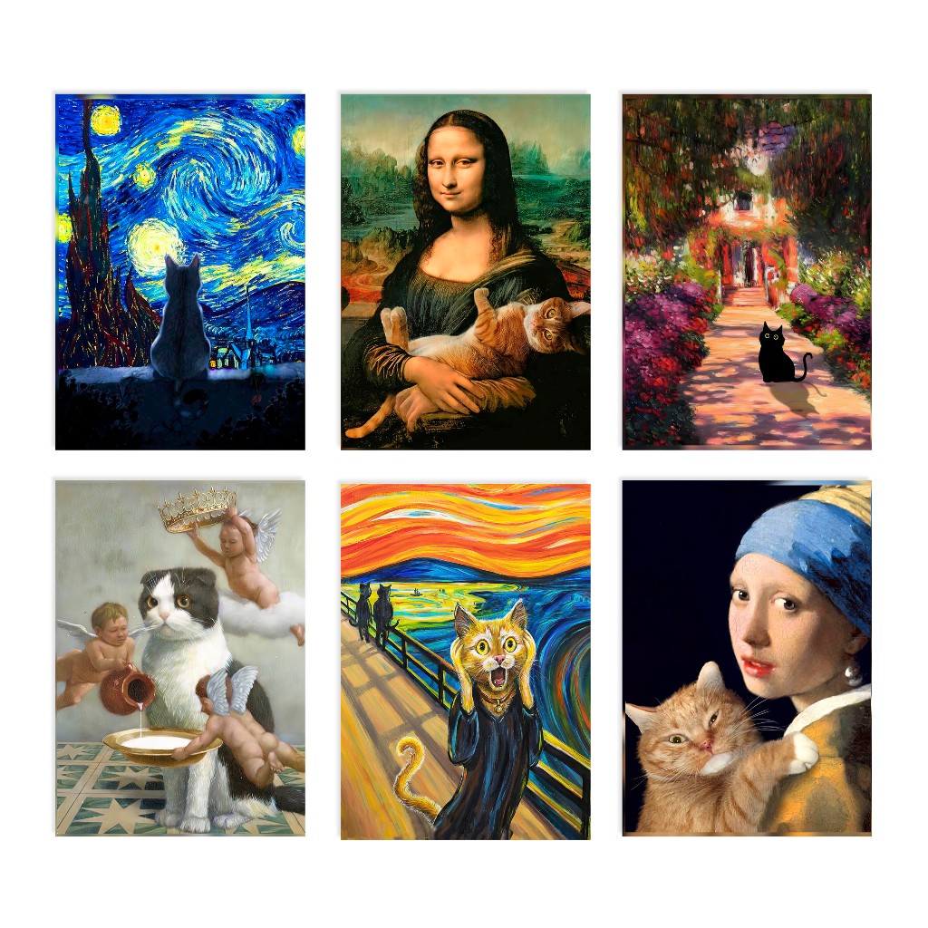 Placa Decorativa Gatos em Obras de Arte Decoração Quarto Sala Engraçada Quadro Poster