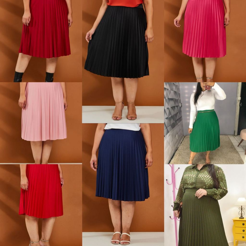 Saia Midi Plissada Lisa Plus size Com Forro Moda Tendência Evangélica -005 em Oferta na Shopee
