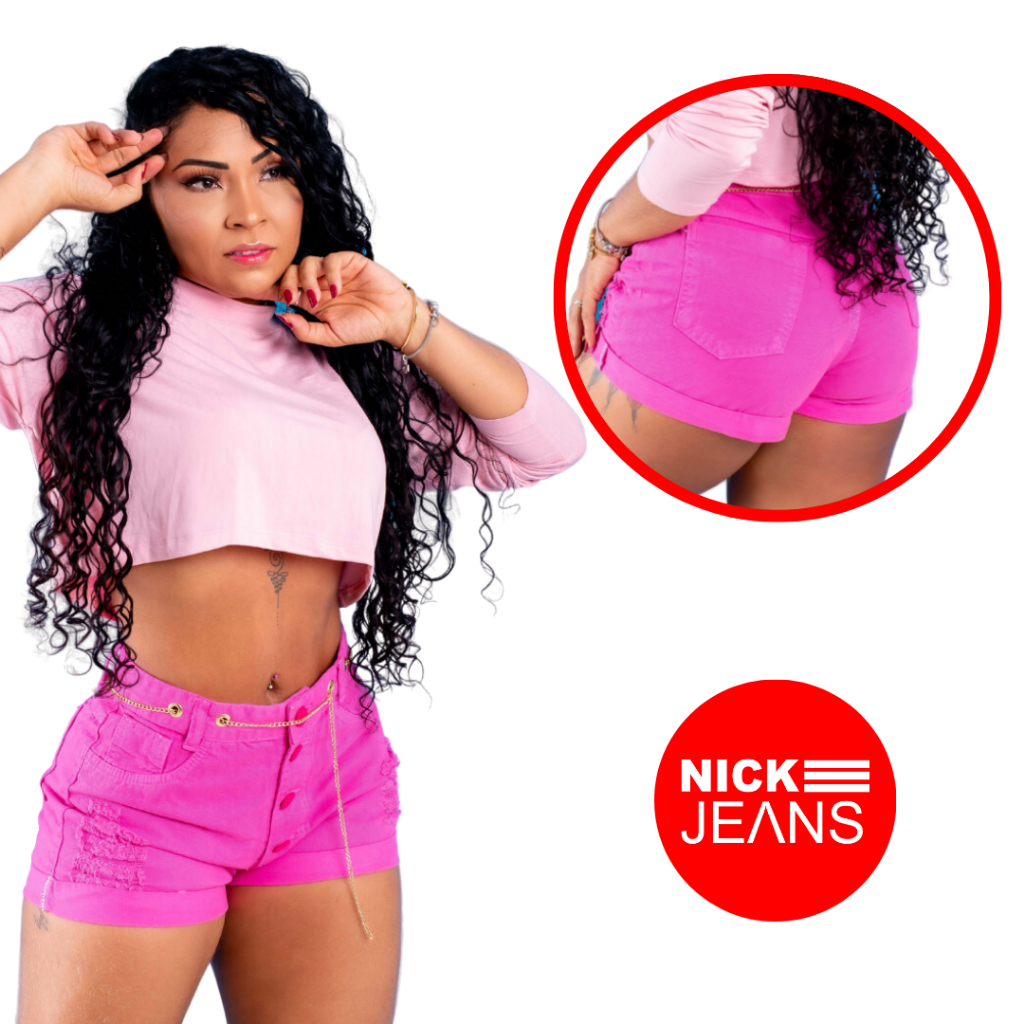 Bermuda Short Jeans Feminino Rosa Destroyed
