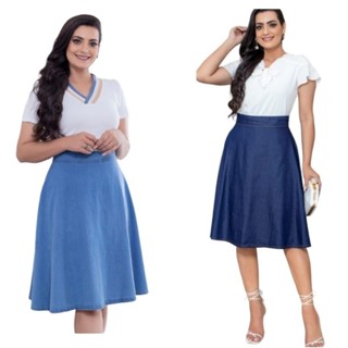Saia Jeans Midi Moda Evangélica Evasê Godê Rodada Cintura Média