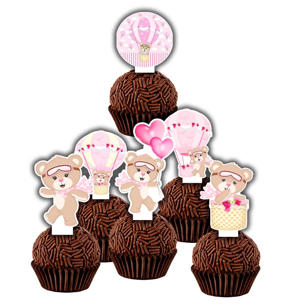 60 Tags Topo/topper Para Doces / Docinho Base Fixa - Ursa Ursinha Baloeira