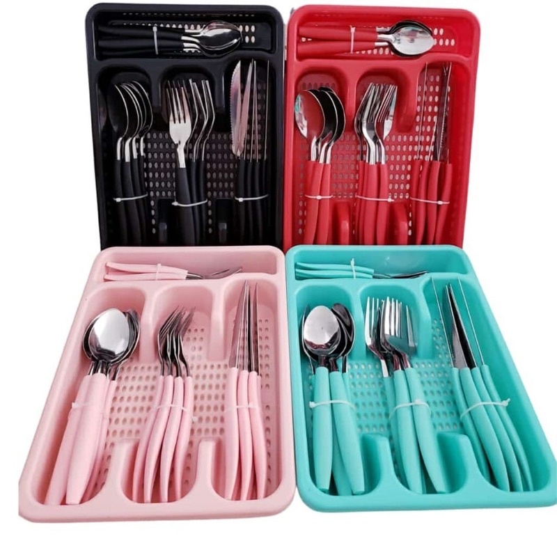 Conjunto de Talheres + Suporte Gaveteiro Kit Faca Colher Garfo em Inox com Porta Jogo talher para Organizar a Gaveta Cozinha Peças Vermelho Branco Rosa Preto