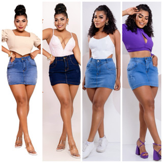 Saia Jeans Feminino Com Lycra Cintura Alta