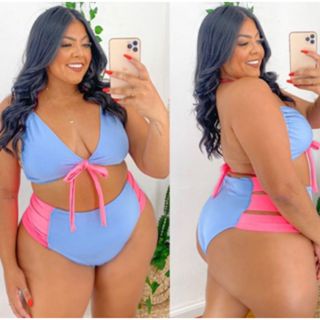 Biquini Plus Size Cintura Alta Hot Pants Cortininha Tiras Moda Praia Verão 2022 LUXO