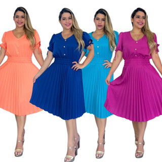 Vestido Midi Feminino De Manga Curto Plissada lisa Soltinho Moda Evangelica Festa