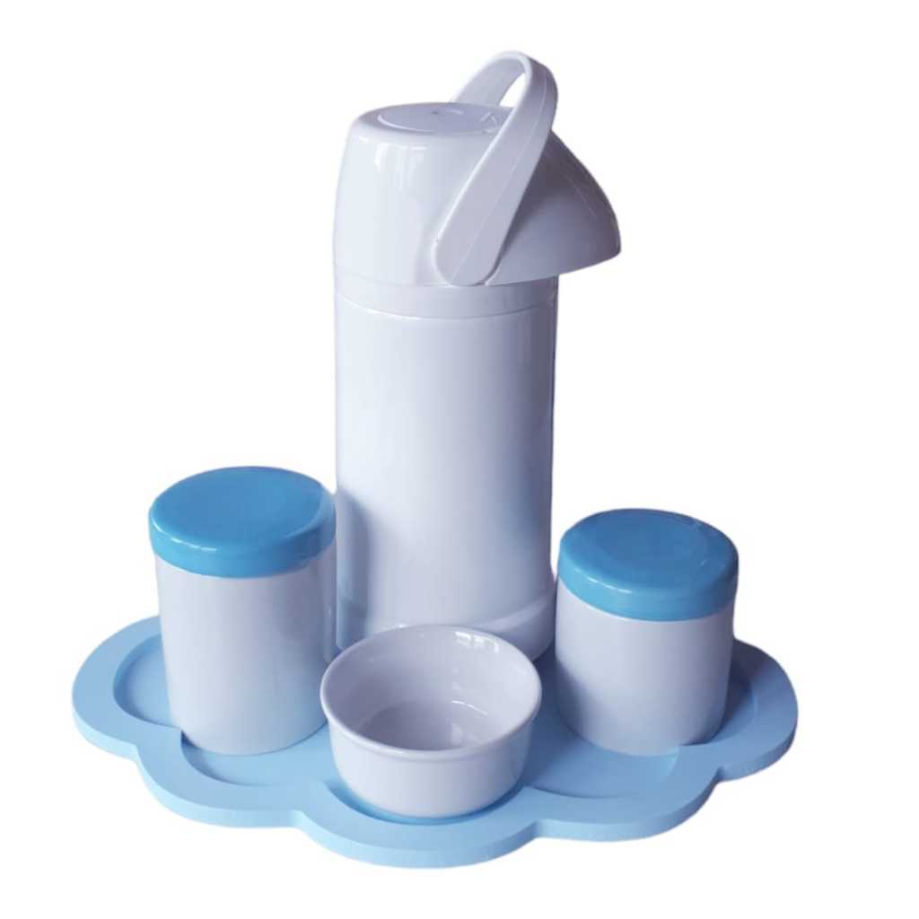 Kit Higiene bebê porcelana potes com tampa bandeja nuvem azul garrafa grande 1 litro apertar menino maternidade