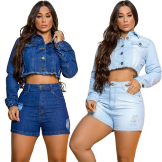 Kit 2 Conjunto Jaqueta e Short Jeans Cintura Alta Jaqueta Manga Comprida