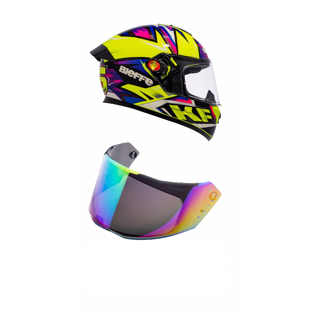 Capacete Moto Fechado Marca Bieffe - B-12 KF Amarelo Limão Brilho c/ Roxo + Viseira Camaleão Extra