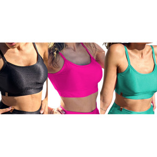 Kit Com 3 Top Fitness Alcinha Canelado Com Bojo Removível Academia Legging Poliamida Premium Brilho Cross Fit