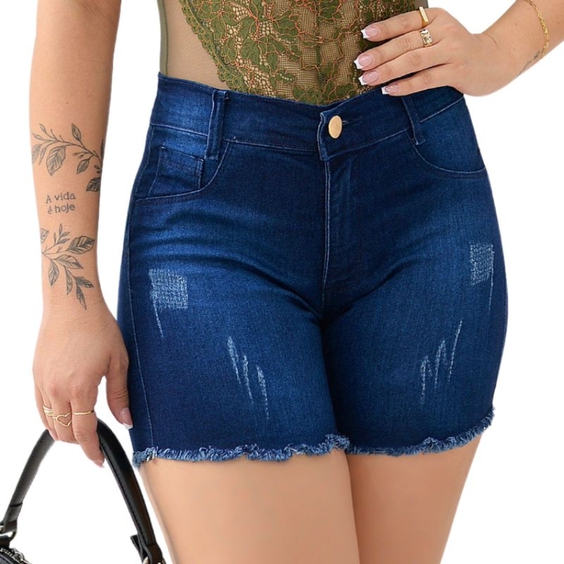 Short Meia Coxa Cintura Alta Jeans Com Lycra Com Elastano em Oferta na Shopee