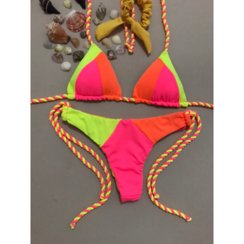 Biquíni neon, tricolor - todo dupla face - com bojo - semi fio - amarelo, amarelo neon, rosa neon e laranja neon