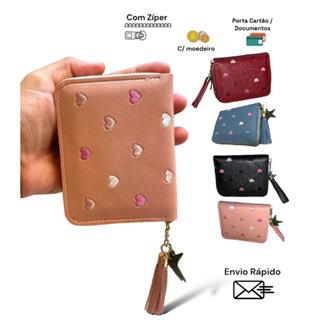 Carteira Moderna Feminina com zíper, porta moedas, cartão e documentos, slim de coração