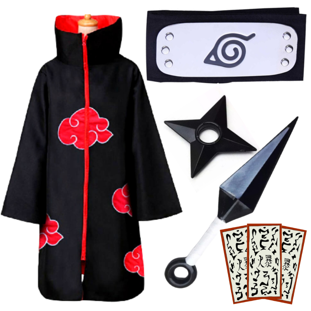 Manto da Akatsuki Completo Kit Bandana + Kunai + Shuriken + Selo Ninja Naruto - Gola dura/Ziper Manto da Akatsuki Completo Kit Bandana + Kunai + Shuriken + Selo Ninja Naruto - Gola dura/Ziper