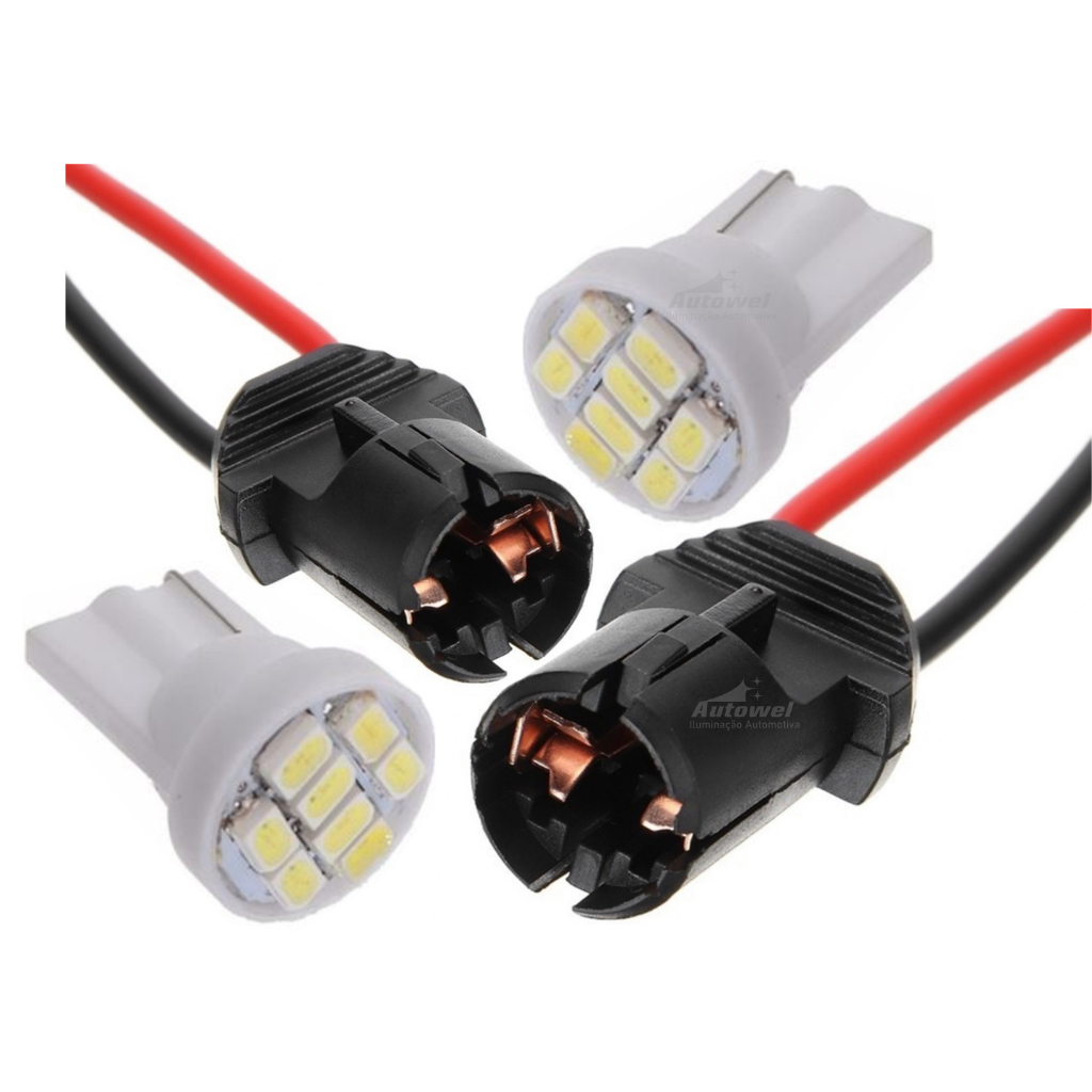 Par Chicote Soquete Conector T10 + Lâmpadas Pingo T10 Led Lanterna Farolete Luz de posição Ré Teto