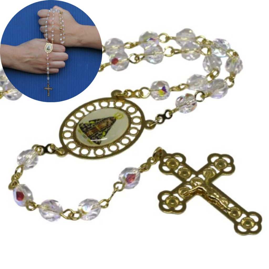 Terço de cristal Tcheco furta cor 5mm (Nossa Senhora Aparecida) - folheado à ouro 18k