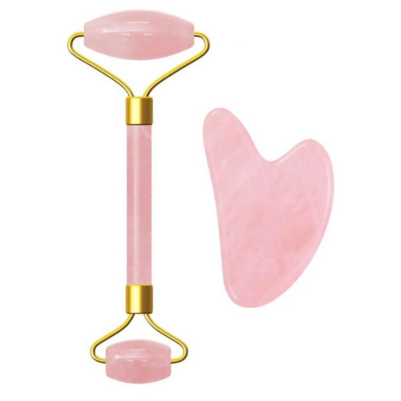 Rolo Quartzo Rosa Gua Sha + Placa Massageador Facia Cor Rosa Cor Rosa-chiclete