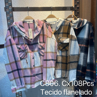Casaco xadrez feminino tecido flanelado com touca modas C806