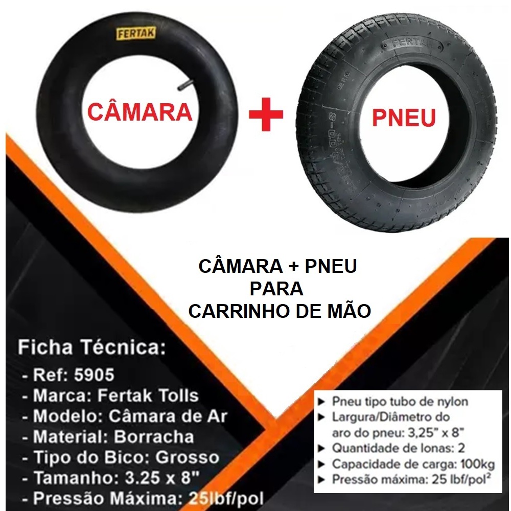 Camara de Ar e Pneu para carrinho de mão (3.25" x 8" e 3.00" x 8") (Kit Pneu + Câmara)