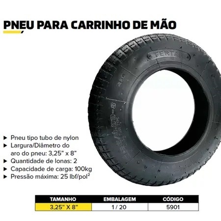 PNEU PARA CARRINHO DE MAO 3,25 X 8 (2 LONAS) pneu carrinho pedreiro