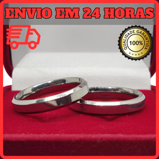 Par de Aliança Reta Anel Chanfrado 4mm Aço Inox Prata Prateada Anel De Compromisso Namoro e Casamento