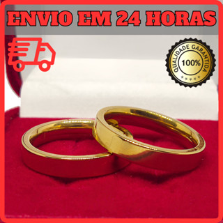 Par de Aliança Reta Anel 4mm Aço Inox Banho de Ouro Dourada 18k Anel De Compromisso Namoro e Casamento