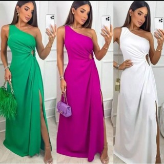 vestido longo manga unica tecido duna com bojo