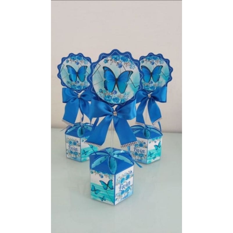 Kit 10 Centro de Mesa Cachepo Personalizado Festa Aniversário Lembrancinhas Borboletas Azuis 15 anos