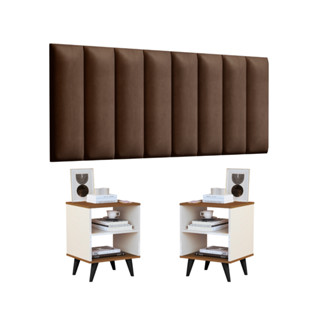 Cabeceira Cama Casal 140cm Kit c/ 2 Mesa de Cabeceira Off/Canela