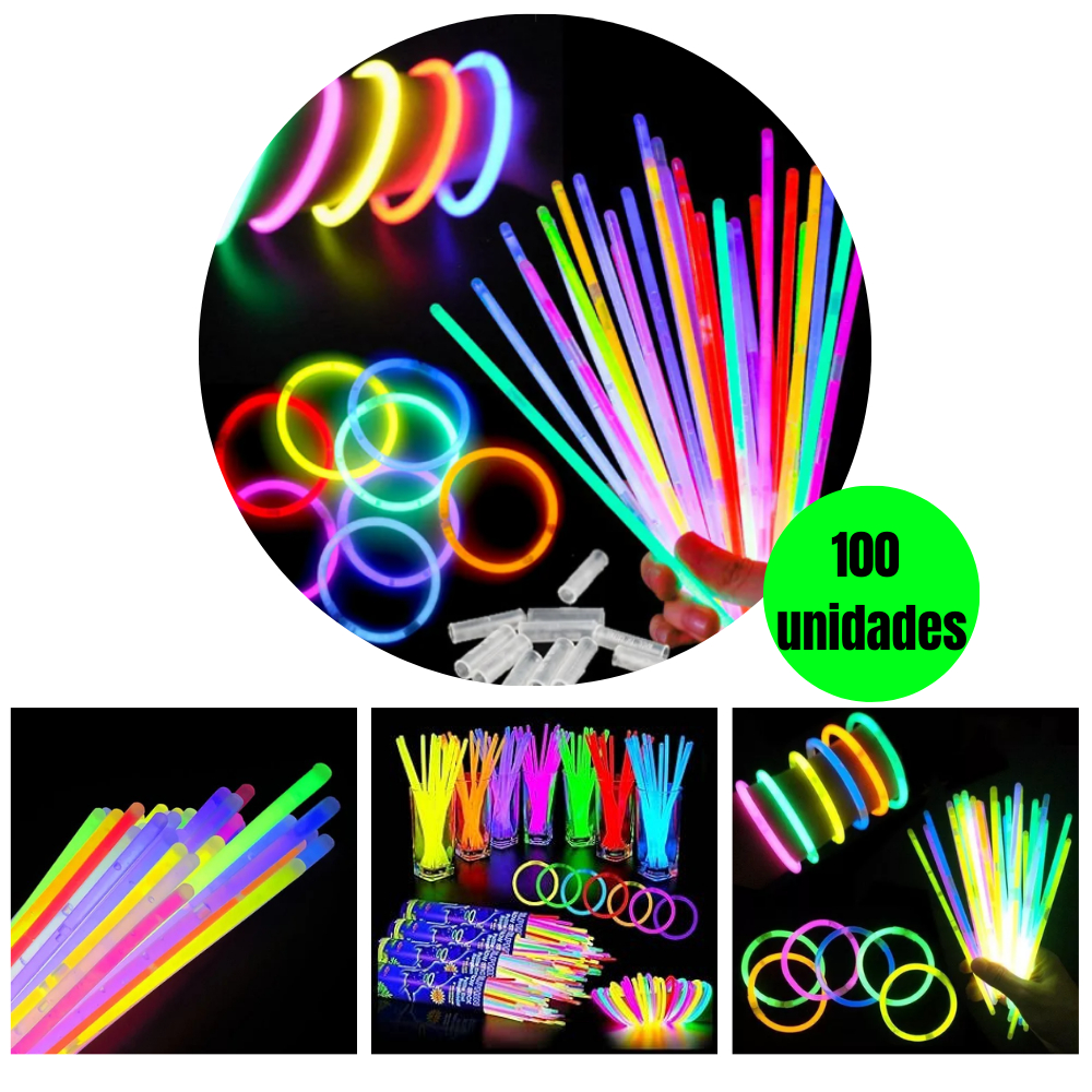 100 Pulseiras Neon Alto Brilho Fluorescente P/ Festa Balada 100 Unidades Coloridas Brilha no Escuro