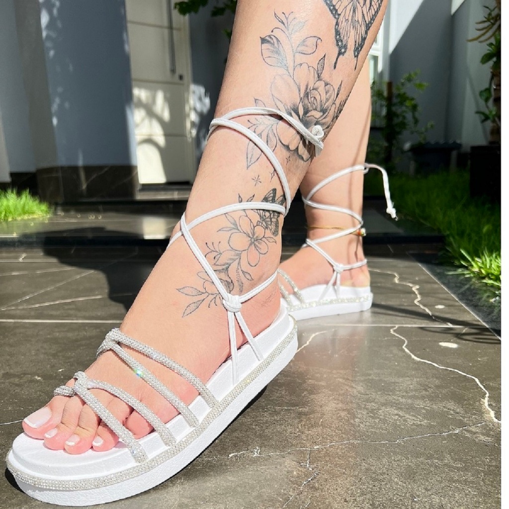 Papete feminina plataforma de amarração tiras brilho strass flatform (BIANCA)