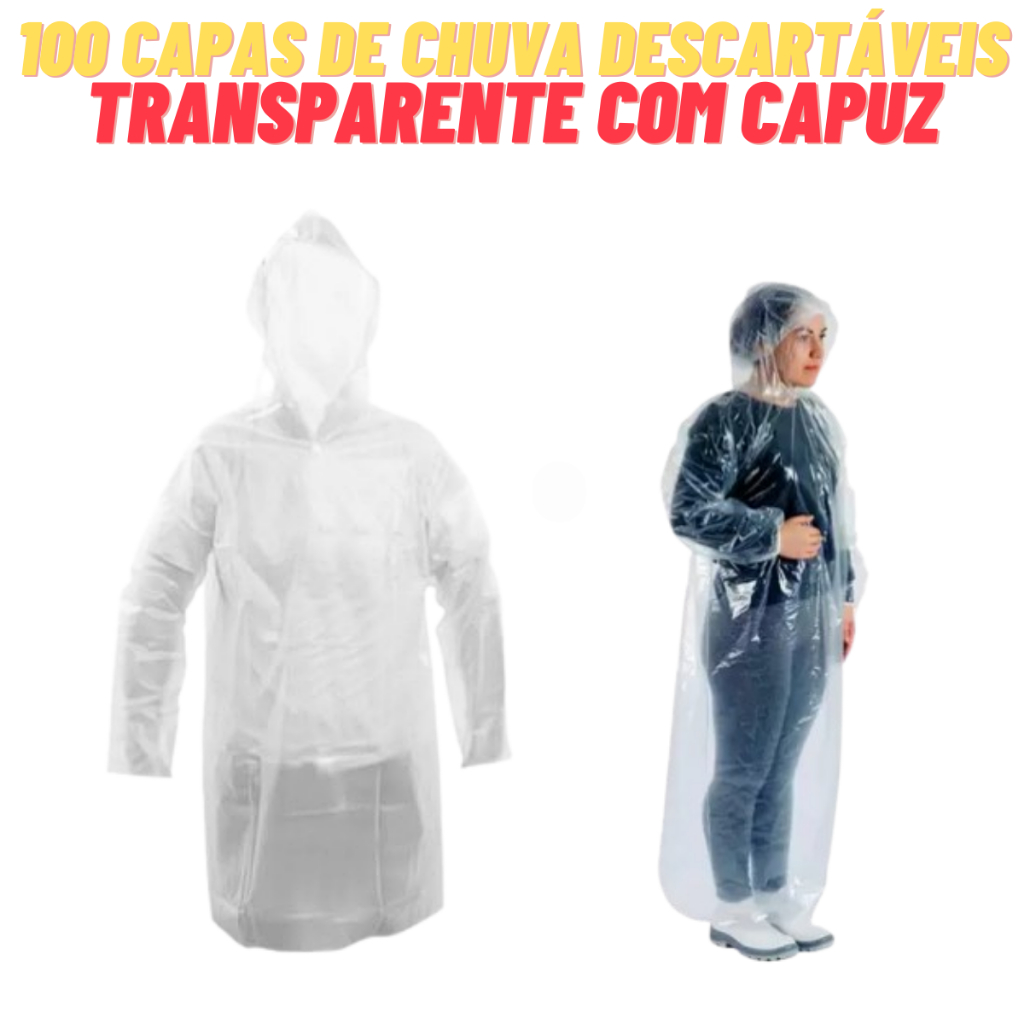 100 Capas de Chuva com Capuz Descartáveis Transparentes Unissex Ideal Para Levar Eventos