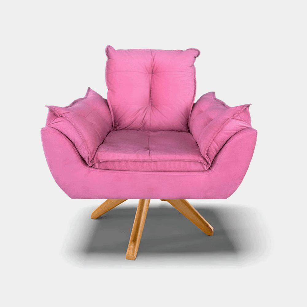 Poltrona Opala Giratória Pés De Madeira  Em Eucalipto, Poltrona Suede Varias Cores