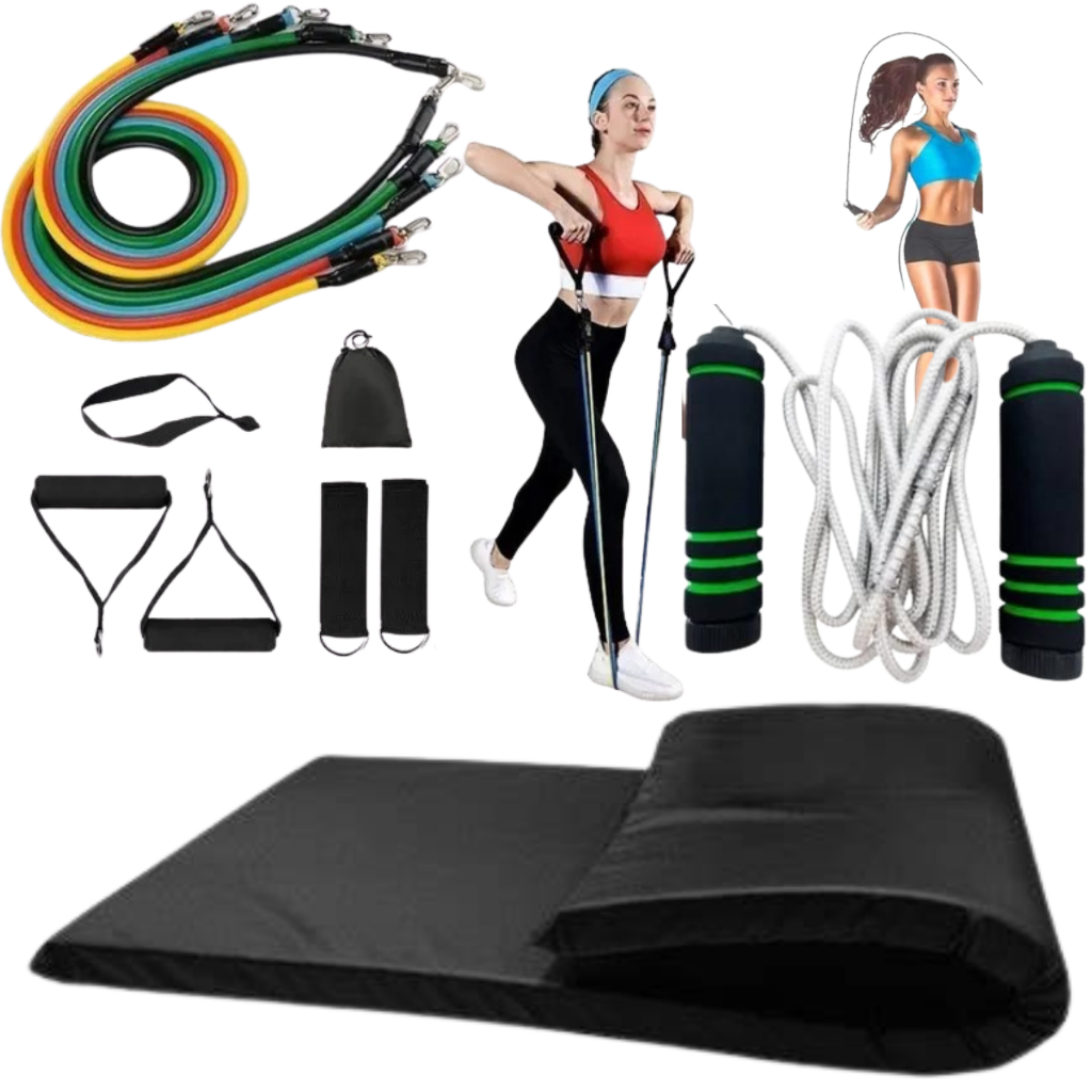 Kit Elastico Exercicio 11 Pçs + Colchonete + Corda Treino