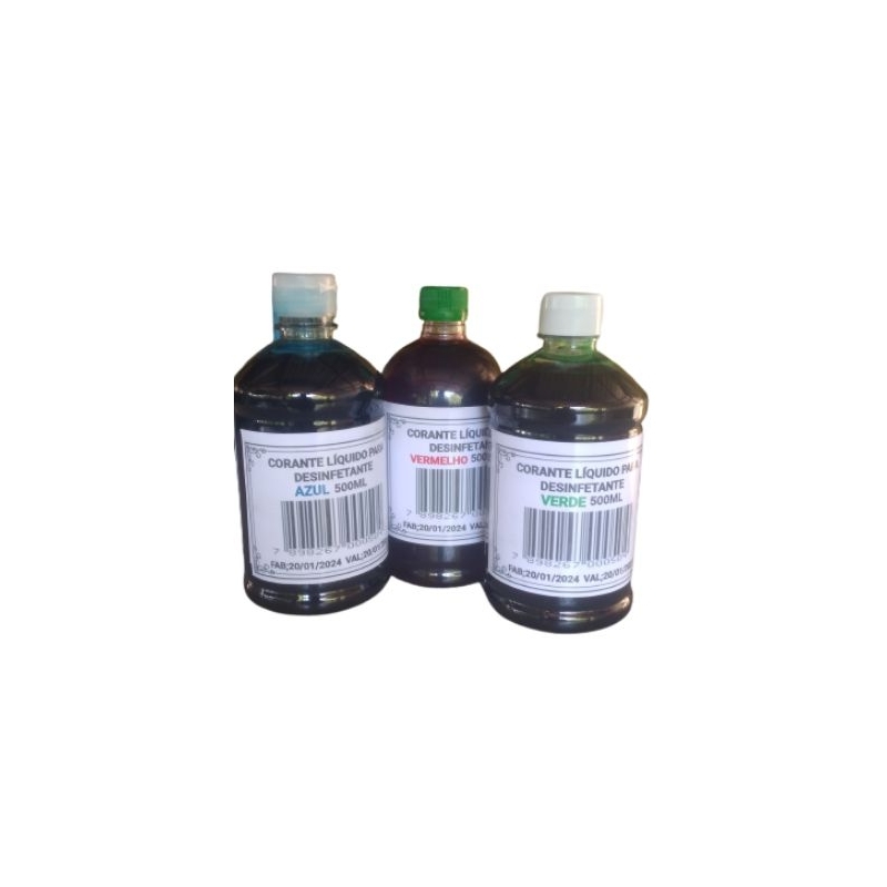 CORANTE PARA PRODUTOS DE LIMPEZA 3 FRASCOS DE 500ML CADA AZUL TURQUESA, VERDE E VERMELHO