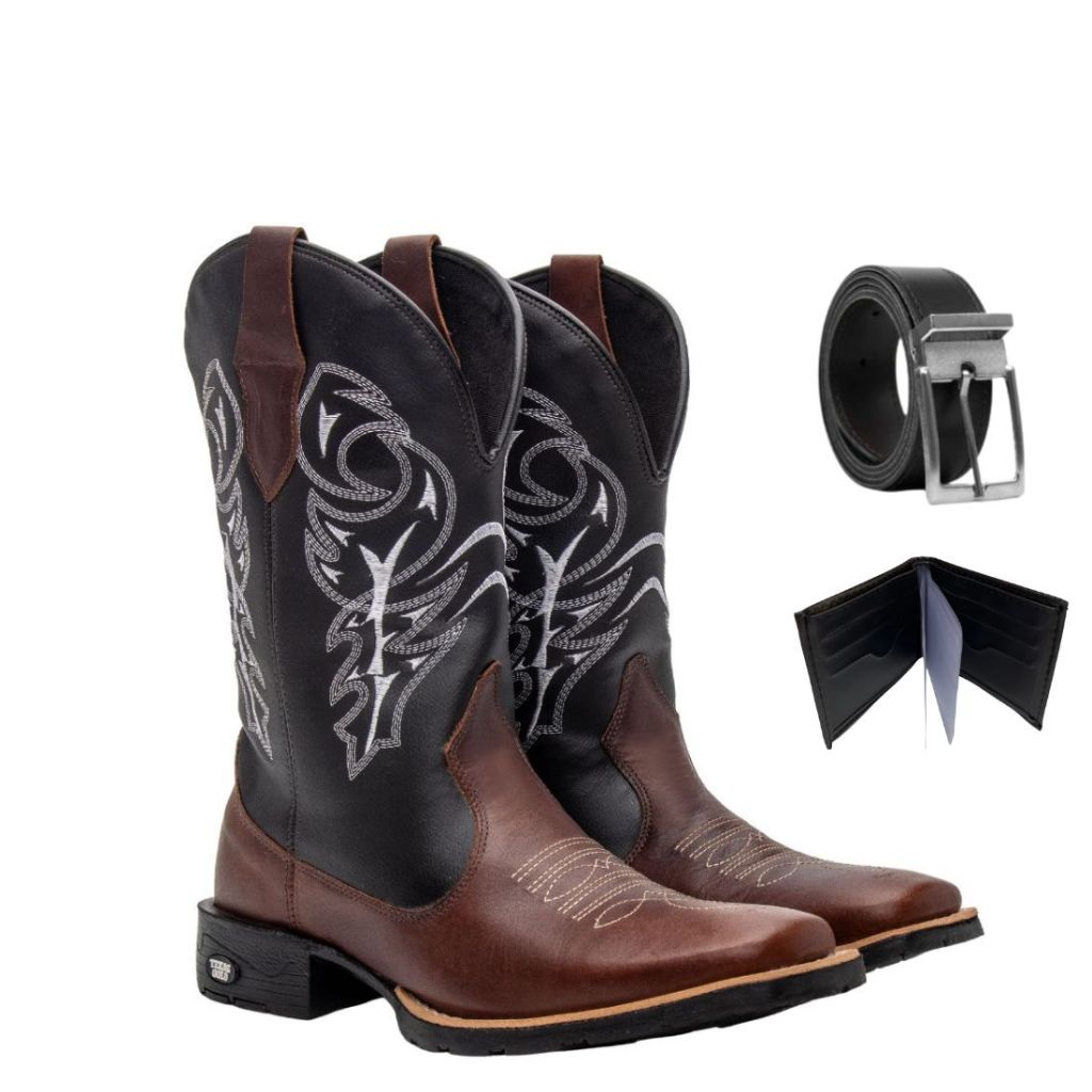 Kit Bota Texana Masculina Country Couro Legitimo Bico Quadrado Café com Carteira e Cinto Delegada