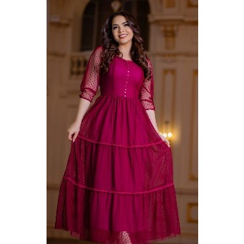 Vestido Longo Elegante em Tule com Guipir Manga 3/4 para Festas Casamento Civil Madrinha dress