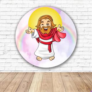 Painel Redondo Jesus e Crianças com Elástico Tecido Sublimado 1,50m x 1,50m Festa Aniversário Veste Fácil
