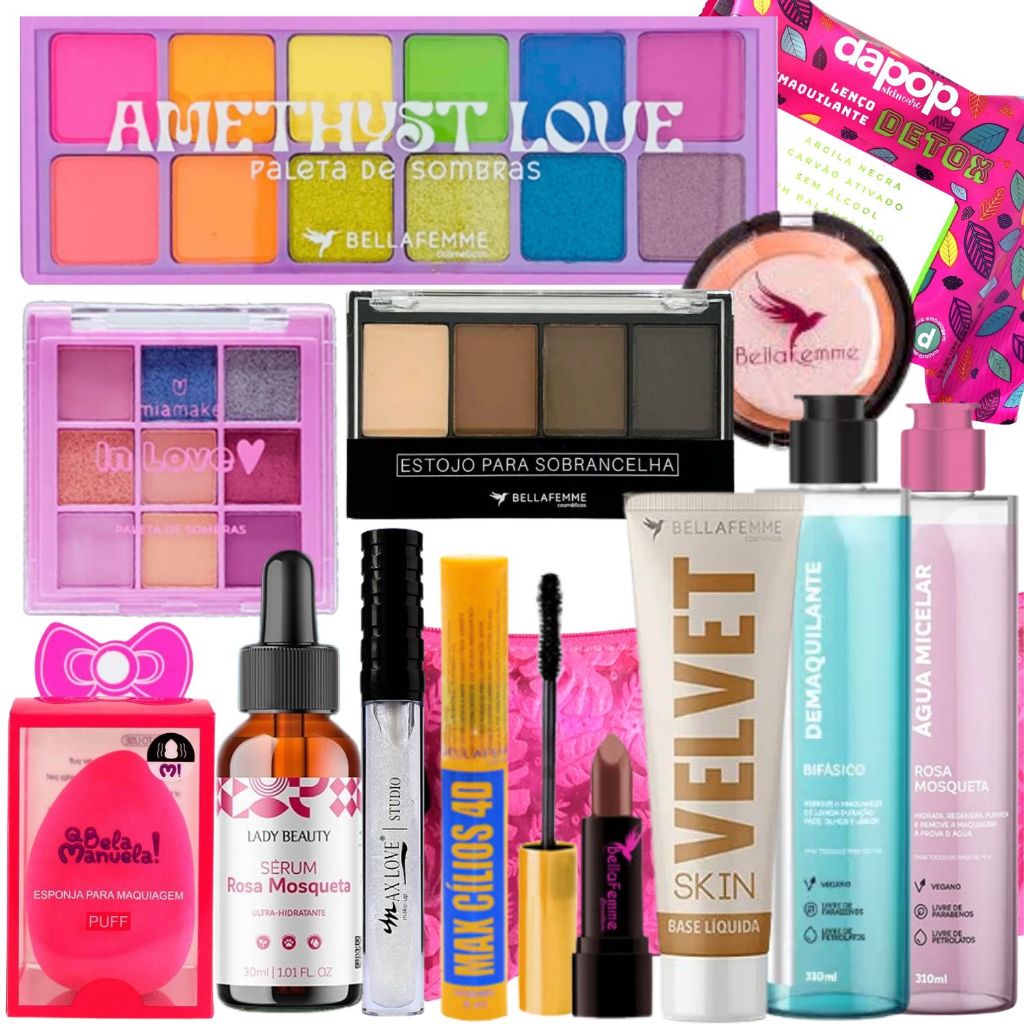 kit de Maquiagem Paleta de Sombra Agua Micelar Base Liquida Pó Compacto Batom Rímel