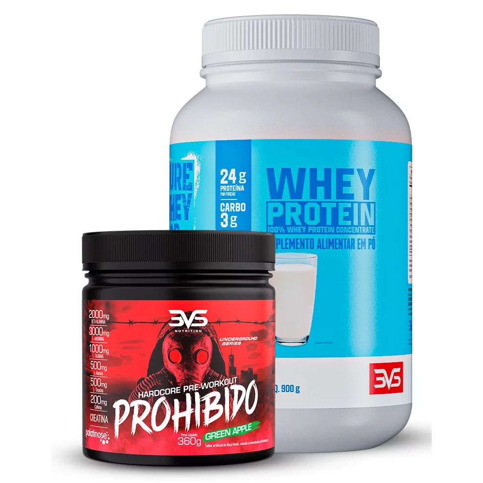 Combo 100% Whey Protein Concetrada 900g + Pré-Treino Prohibido 360g Sabor Maça Verde - 3VS Nutrition