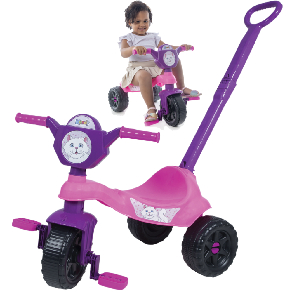 Triciclo Motoca Velotrol Menina Gatinha, Haste de Empurrar, Pedal e Painel Certificado Inmetro Produto Kendy Brinquedos em Oferta na Shopee