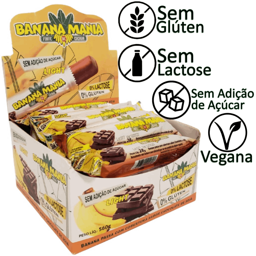 Bananinha com Chocolate Vegano Sem Lactose e Sem Glúten 20 Und de 28g - Doce de Banana Mania