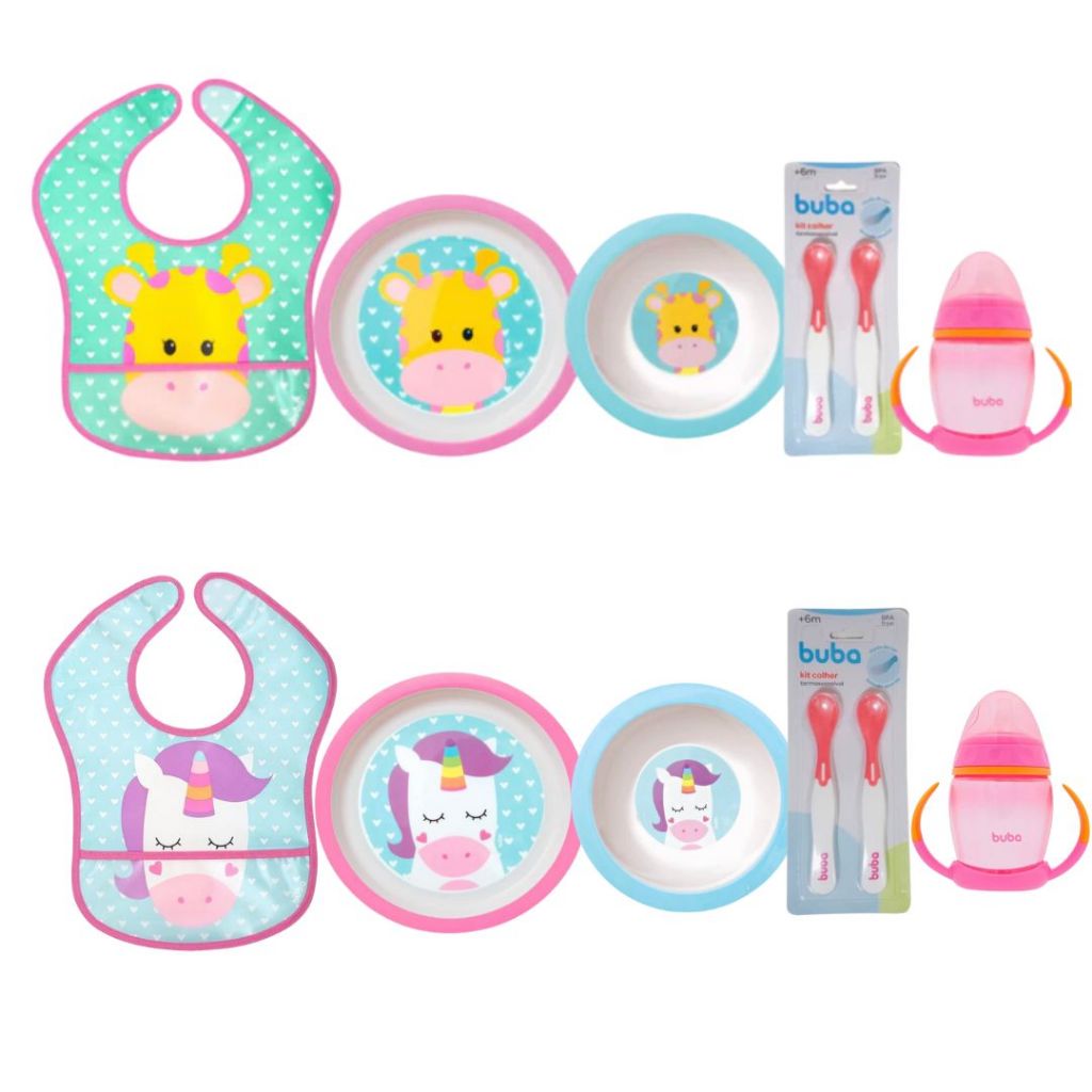 Kit Introdução Alimentar Buba com Prato Raso, Prato Fundo, Babador Impermeável, Colher Copo Treinamento Bico de Silicone em Oferta na Shopee