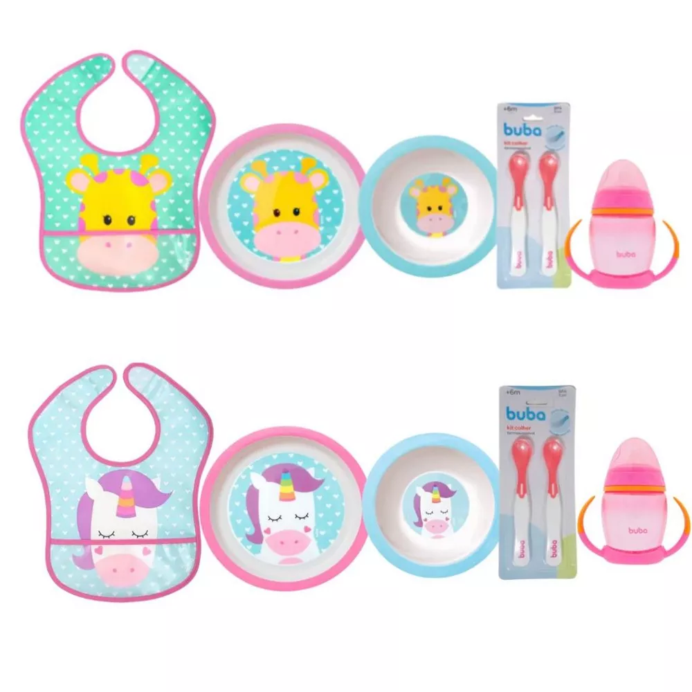 Kit Introdução Alimentar Buba com Prato Raso, Prato Fundo, Babador Impermeável, Colher Copo Treinamento Bico de Silicone