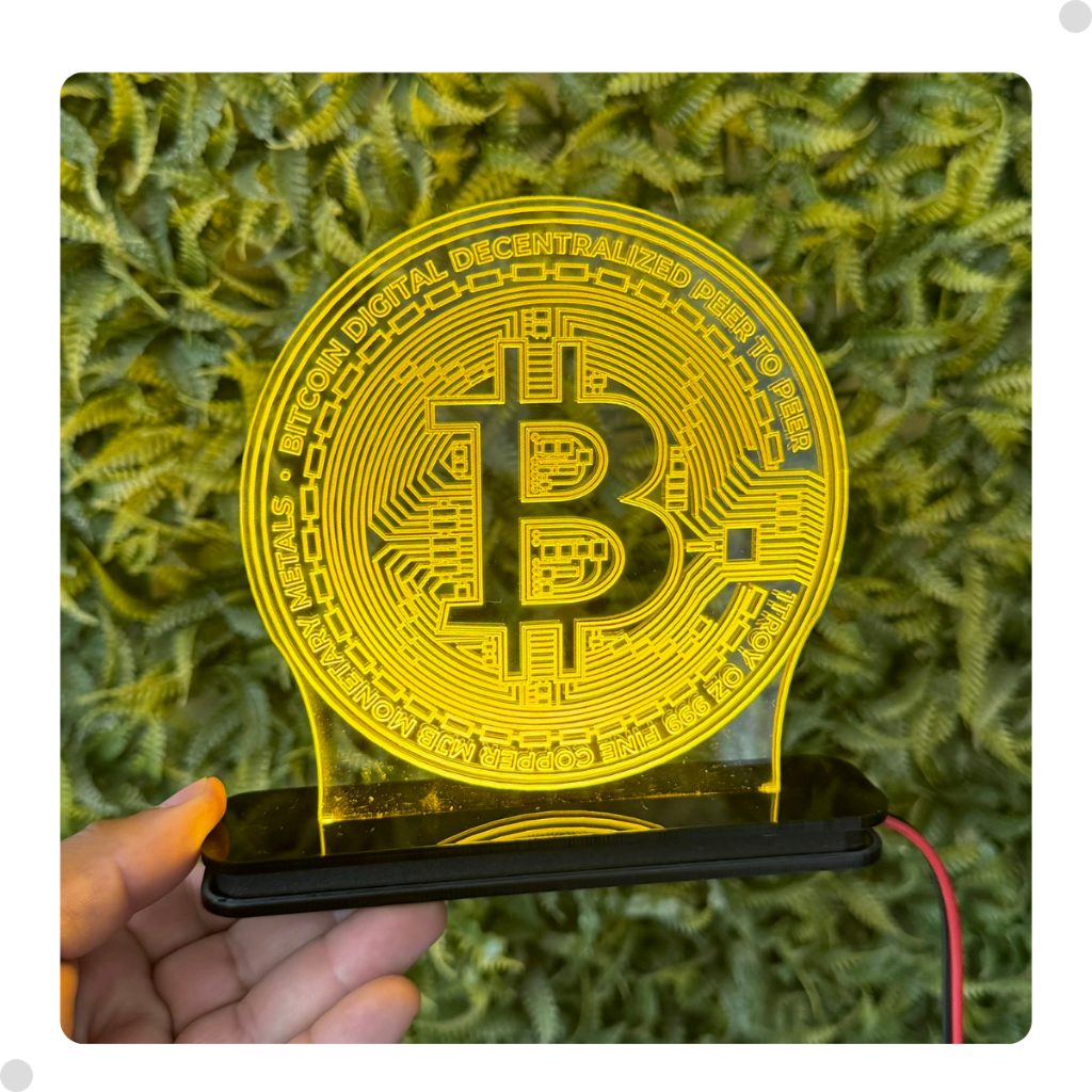 Luminária Decorativa Cripto Moeda Bitcoin Abajur acrilico de mesa luz amarela Promoção