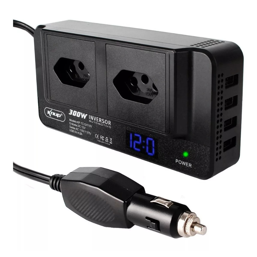 Inversor Veicular Acendedor Knup KPTC13 300W 12V P/ 110V/220V 4 USB 2 Tomadas em Oferta na Shopee