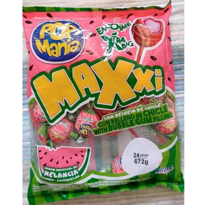 Pirulito Pop Mania Maxxi Melancia Recheio Chiclete c/24 - Riclan — imagem 2 de 2